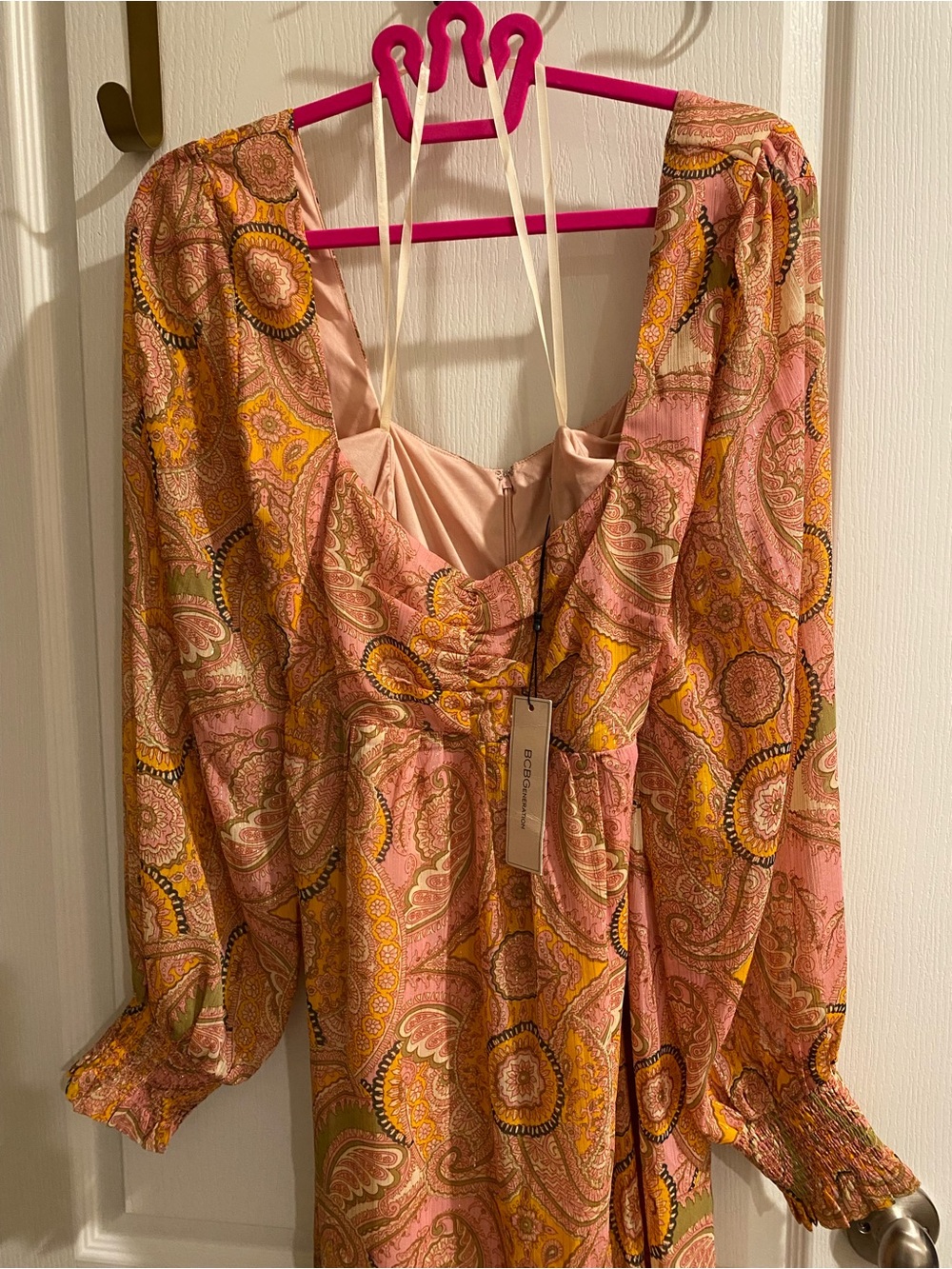 BCBGMaxAzria Pink and Yellow-golden Paisley Long-Sleeve Midi Dress